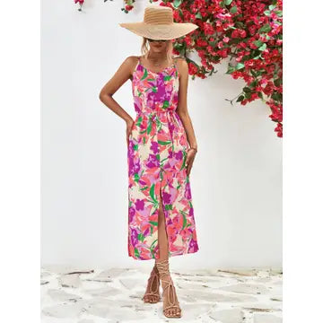 Printed Spaghetti Strap Front Slit Dress