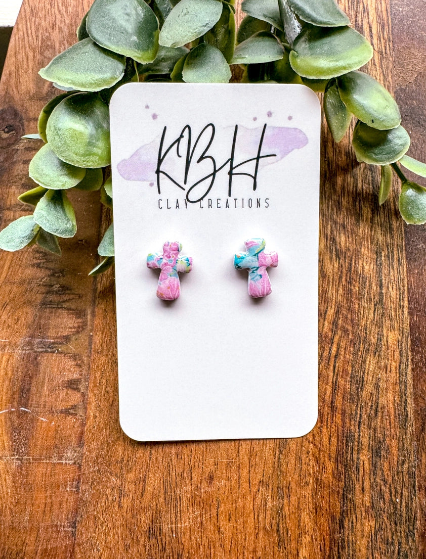 Floral Cross Stud Clay Earrings