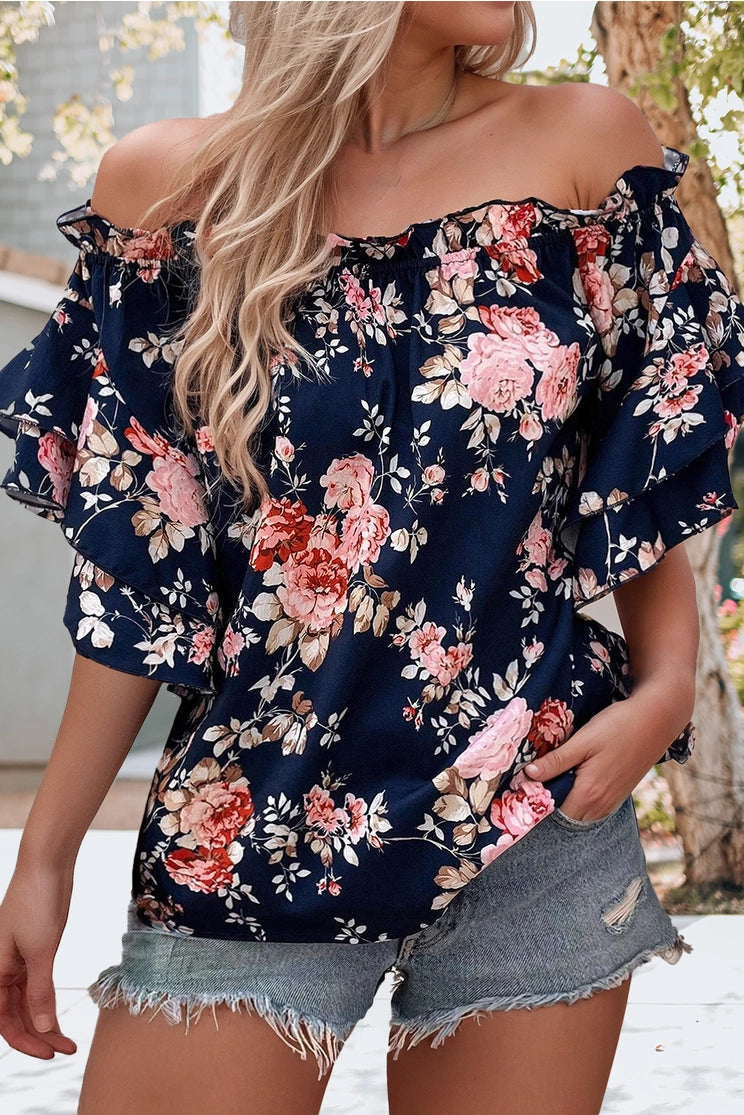 Ruffle Off Shoulder Flounce Sleeve Floral Blouse