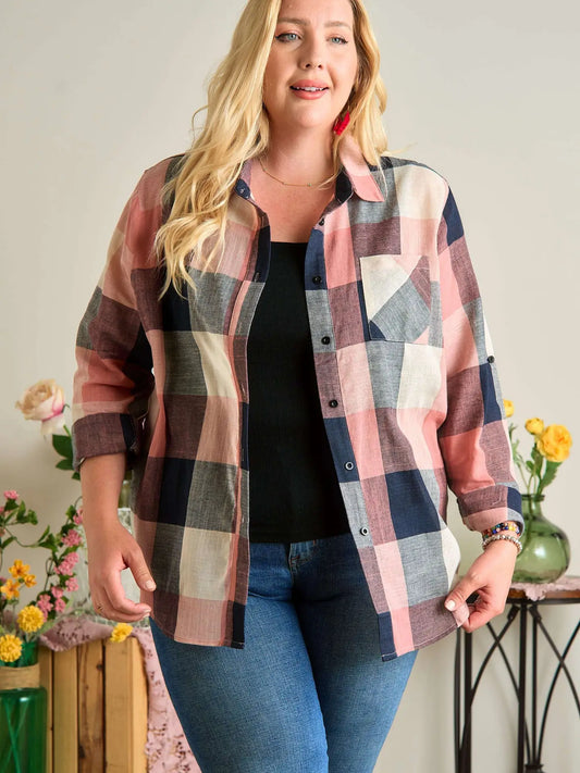 Plus Button Down Plaid Shirt - Mauve/Navy Blue