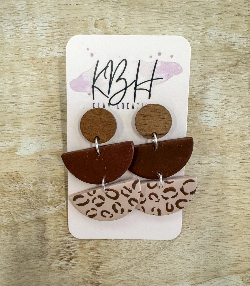 Beige Leopard Half Moon Dangle Clay Earrings