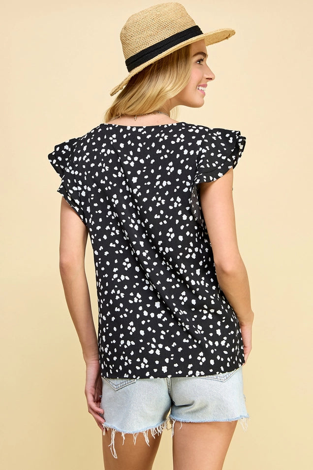 Animal Printed Top with Double Ruffled Short Sleeves