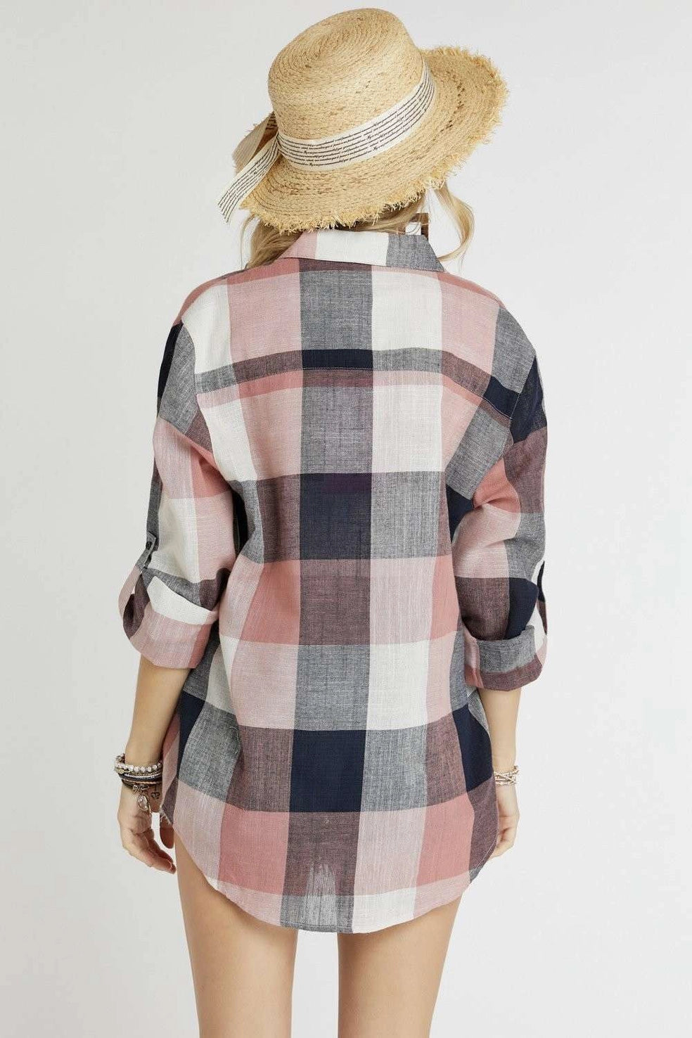 Button Down Plaid Shirt - Mauve/Navy Blue