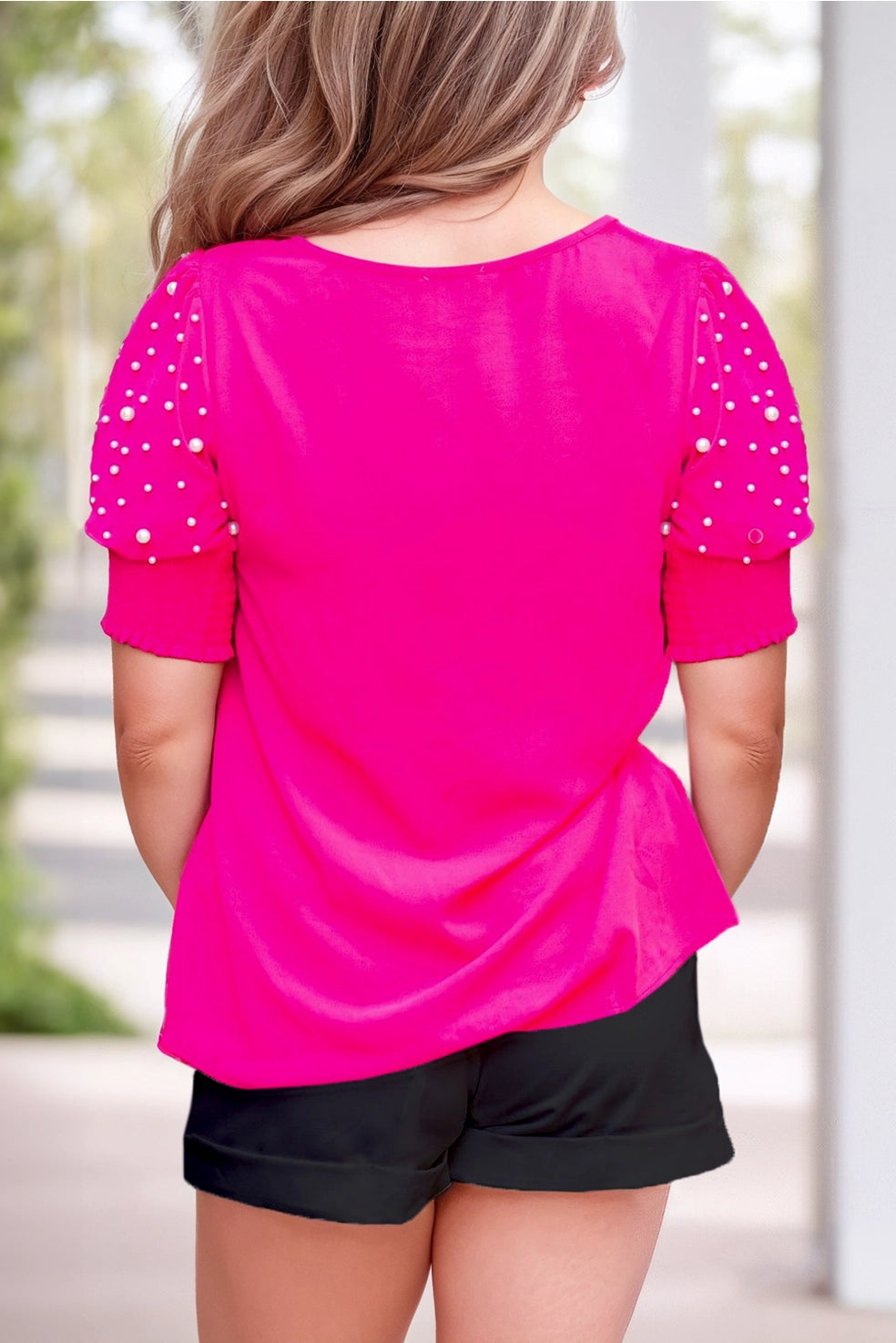 Plus - Pearl Beaded Smocked Puff Sleeve Top