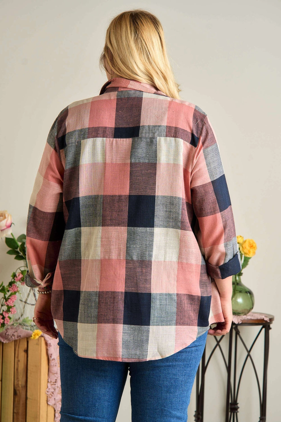 Plus Button Down Plaid Shirt - Mauve/Navy Blue