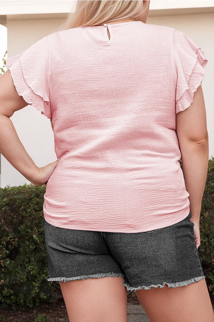 Plus - Light Pink Ruffled Round Neck Short Sleeve Top