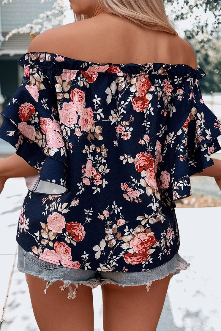 Ruffle Off Shoulder Flounce Sleeve Floral Blouse