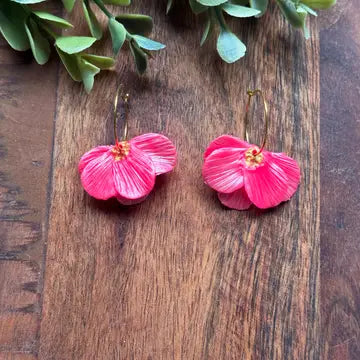 Hot Pink Half Flower Dangle Clay Earrings