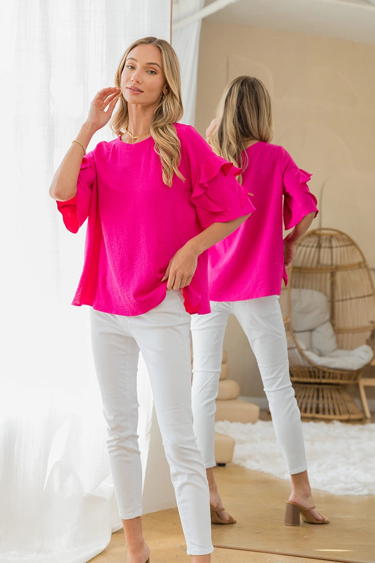 Round Neck Ruffle Sleeve Top