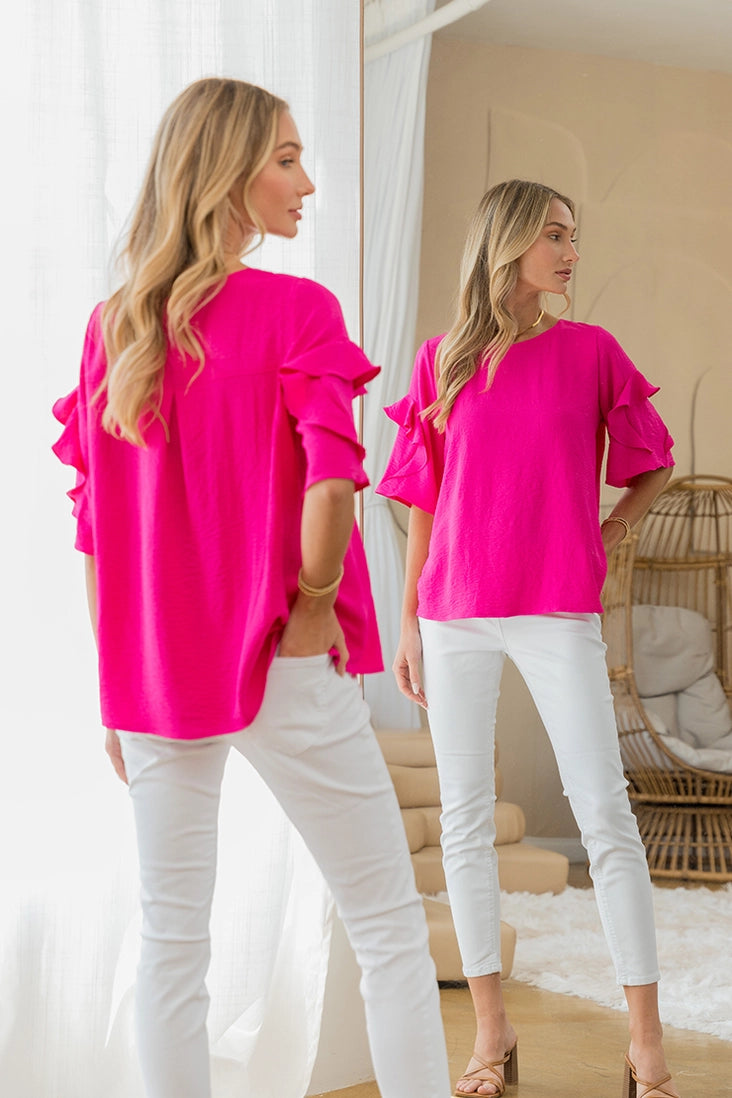 Round Neck Ruffle Sleeve Top