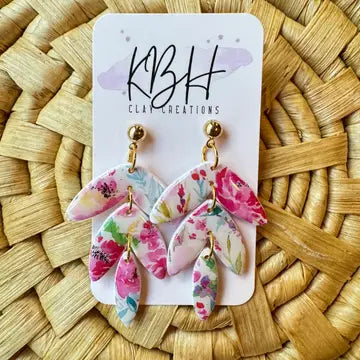 Pink Floral Leaf Dangle Clay Earrings