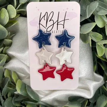 Red, White and Blue Star Dangle Clay Earrings