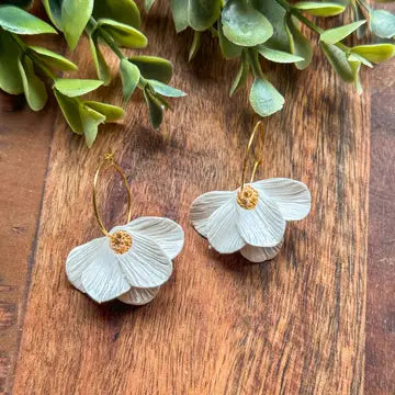 White Half Flower Dangle Clay Earrings